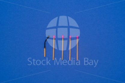 5 Matches, one burned on blue background - Stock Media Bay
